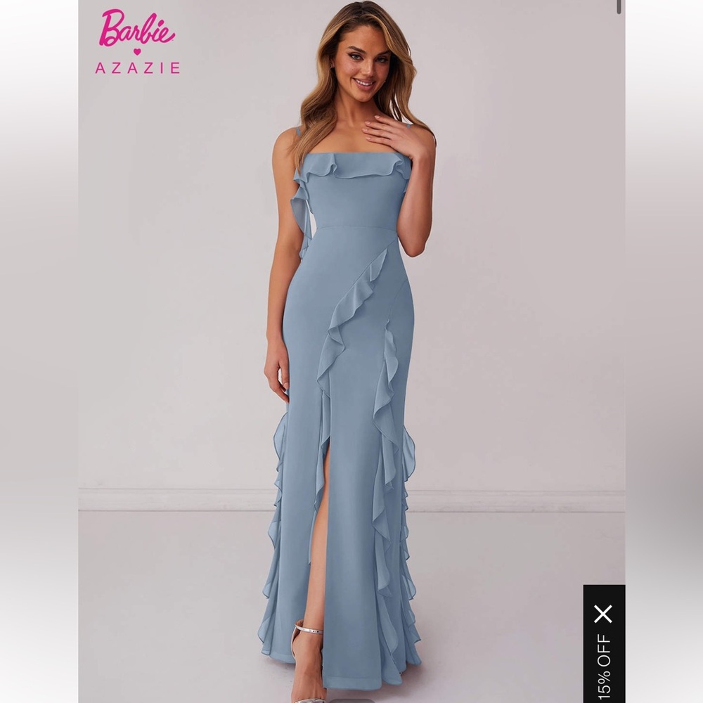 Azazie Dusty Blue Chiffon Ruffle Dress with Leg Slit